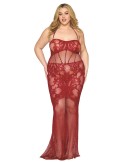 Nuisette longue grande taille en résille rouge - DG0487XRED Nuisette longue grande taille en résille rouge - DG0487XRED