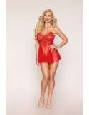 Nuisette rouge en résille et dentelle florale, string assorti - DG13524RED Nuisette rouge en résille et dentelle florale, string assorti - DG13524RED