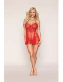 Nuisette rouge en résille et dentelle florale, string assorti - DG13524RED Nuisette rouge en résille et dentelle florale, string assorti - DG13524RED