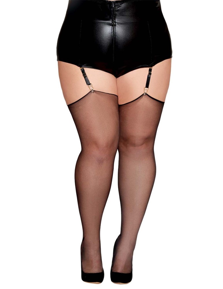 Bas noir, grande taille, en résille transparente avec couture arrière  - DG0492XBLK