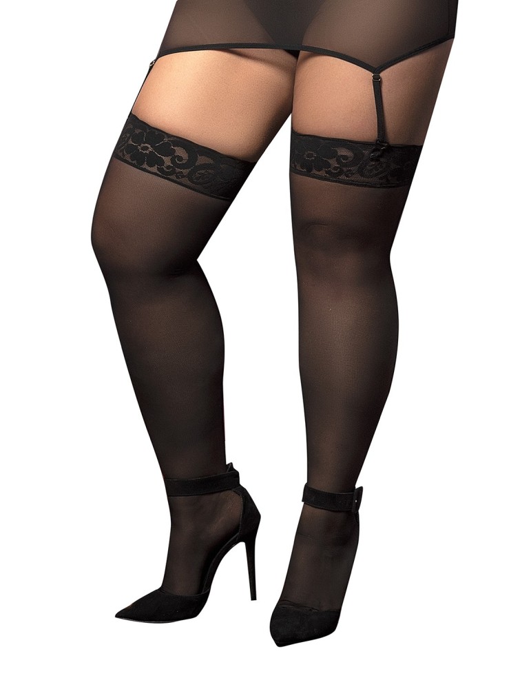 Bas nylon noirs autofixants, grande taille,  jarretières dentelle - MAL1094XBLK Bas nylon noirs autofixants, grande taille,  jarretières dentelle - MAL1094XBLK