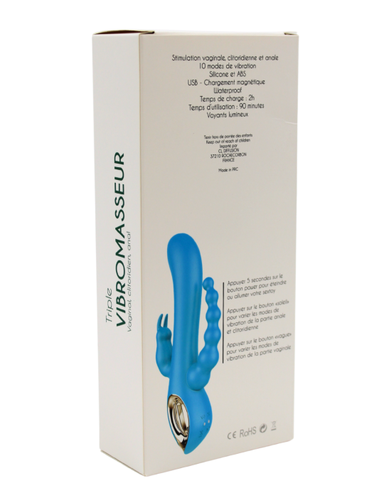 Vibromasseur rabbit  bleu  avec chapelet vibrant - TOZ-024BLU