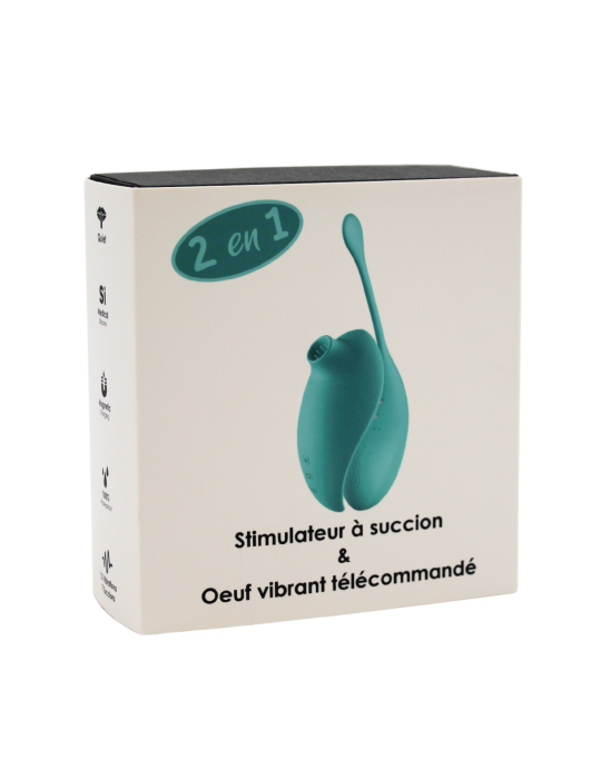 2en1 Stimulateur clitoridien à picots par aspiration avec son œuf vibrant à distance turquoise - 0-B0009TUR
