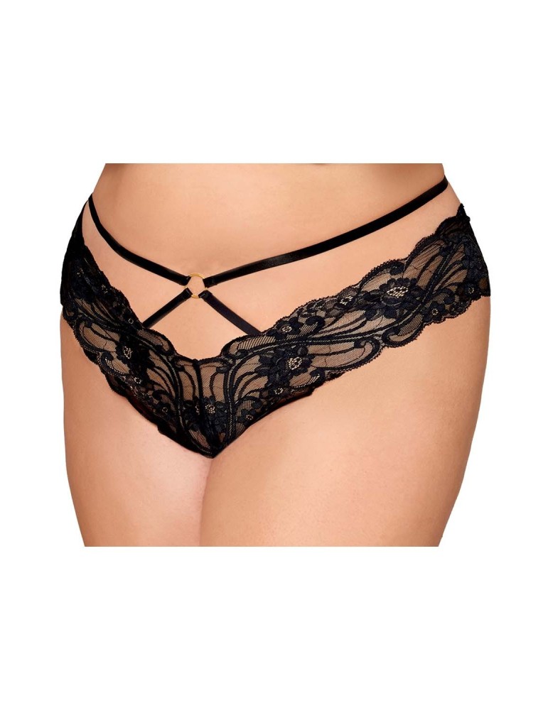 Culotte en dentelle noire, grande taille, avec lanières et chaines dorées - DG1489XBLK Culotte en dentelle noire, grande taille, avec lanières et chaines dorées - DG1489XBLK
