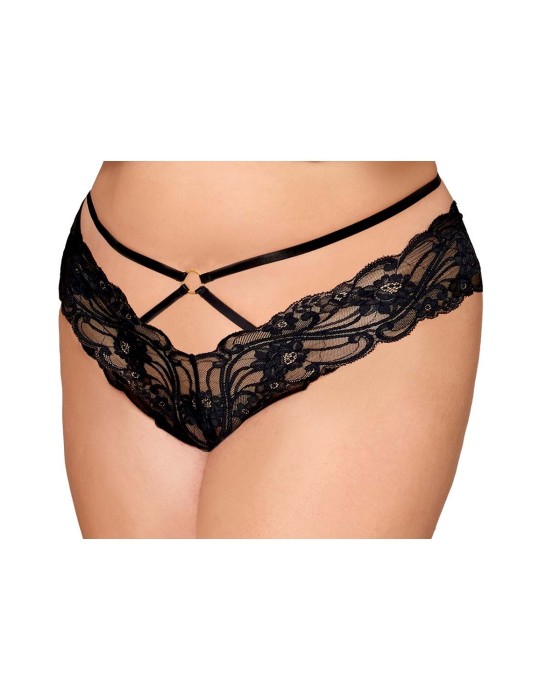 Culotte en dentelle noire, grande taille, avec lanières et chaines dorées - DG1489XBLK Culotte en dentelle noire, grande taille, avec lanières et chaines dorées - DG1489XBLK