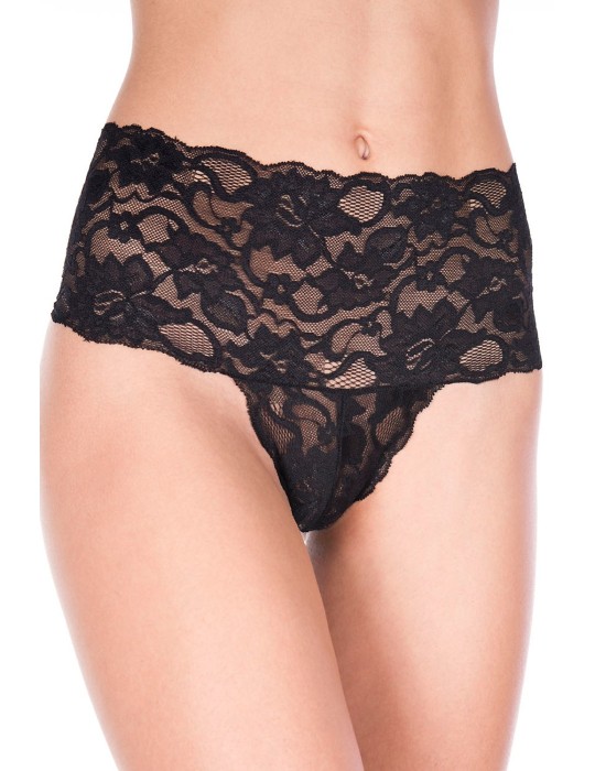 Tanga string noir grande taille large bande haute de dentelle florale - ML10021XBLK Tanga string noir grande taille large bande haute de dentelle florale - ML10021XBLK