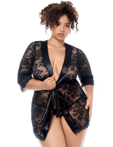 Peignoir en dentelle grande taille Mapalé avec string assorti - MAL7618XBLK