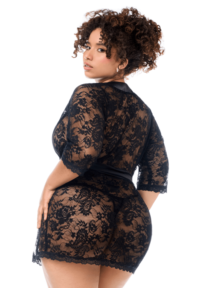Peignoir en dentelle grande taille Mapalé avec string assorti - MAL7618XBLK