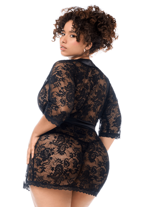 Peignoir en dentelle grande taille Mapalé avec string assorti - MAL7618XBLK