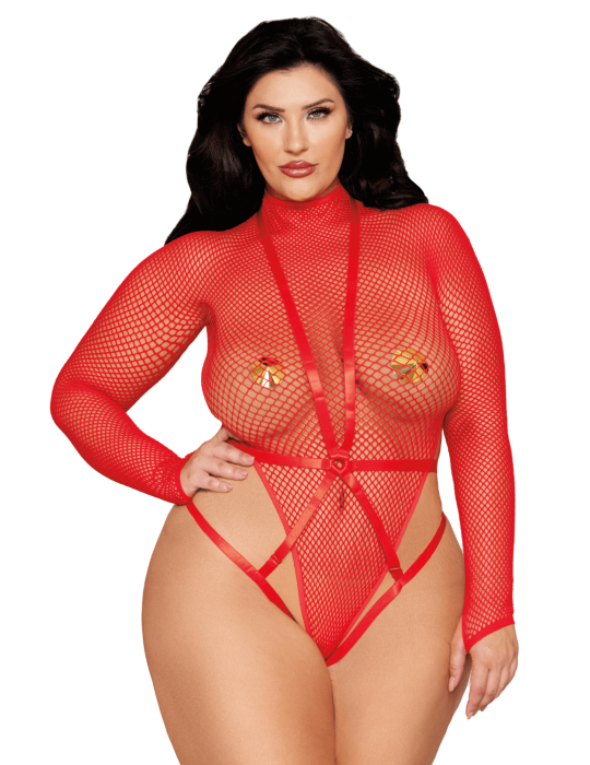 Ensemble 2 pièces grande taille, bodystring résille rouge et harnais - DG13680XRED Ensemble 2 pièces grande taille, bodystring résille rouge et harnais - DG13680XRED