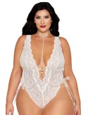Ensemble 2 pièces grande taille, body dentelle blanc et chainettes bijou de corps perles blanches - DG13697XWHT