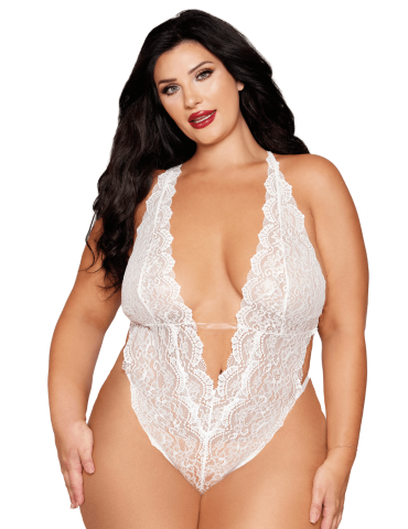 Ensemble 2 pièces grande taille, body dentelle blanc et chainettes bijou de corps perles blanches - DG13697XWHT 2
