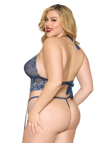 Soutien porte jarretelles grande taille et string en dentelle florale bleue - DG13522XBLU 2