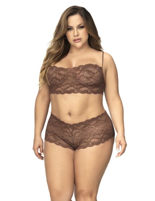 Ensemble 2 pièces en dentelle grande taille, top à bretelles et shorty couleur cacao - MAL206XCOCO Ensemble 2 pièces en dentelle grande taille, top à bretelles et shorty couleur cacao - MAL206XCOCO