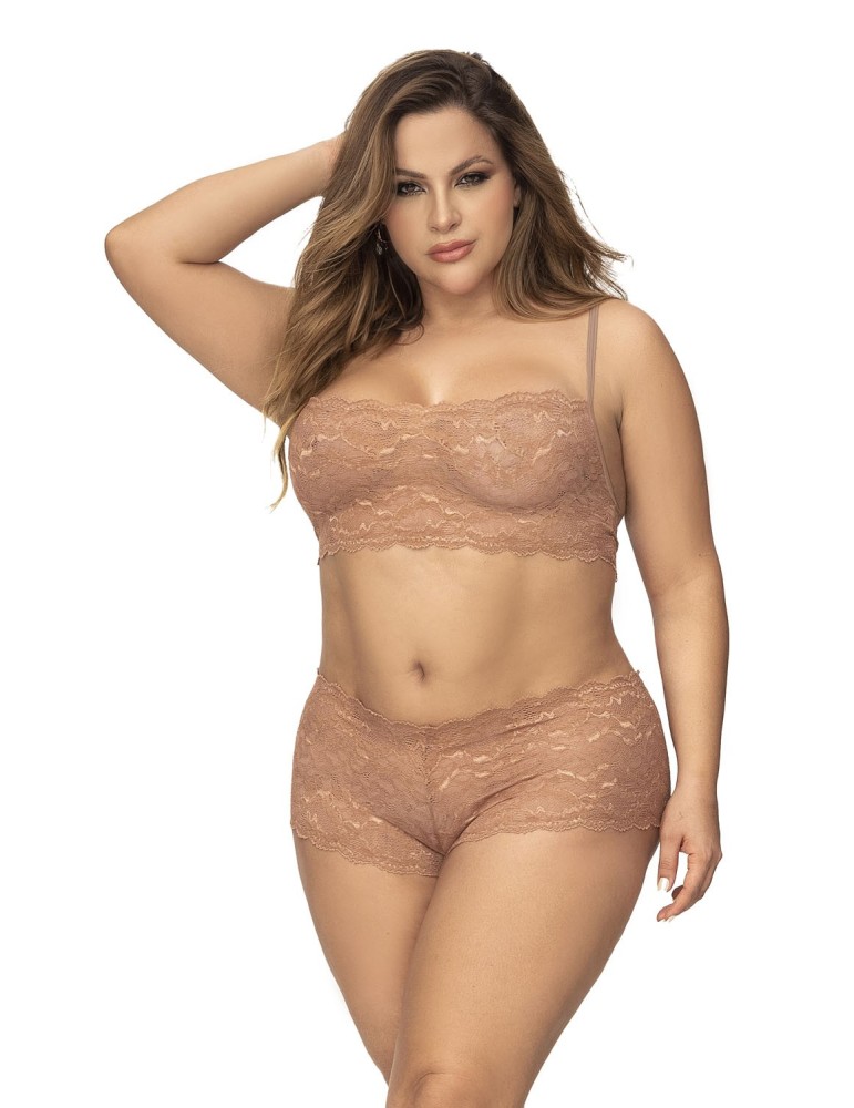 Ensemble 2 pièces en dentelle grande taille, top à bretelles et shorty couleur taupe - MAL206XTAUP Ensemble 2 pièces en dentelle grande taille, top à bretelles et shorty couleur taupe - MAL206XTAUP