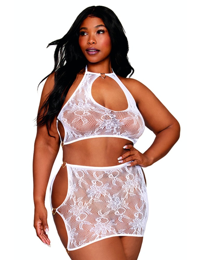 Ensemble 2 pièces grande taille top et jupe en résille fantaisie blanche - DG13309WHT Ensemble 2 pièces grande taille top et jupe en résille fantaisie blanche - DG13309WHT