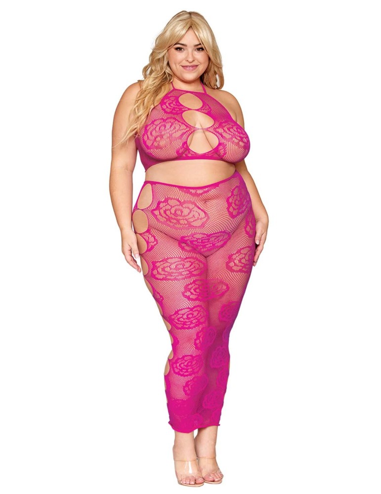 Ensemble Soutien-gorge et jupe longue en filet rose, grande taille - DG0485XBEE