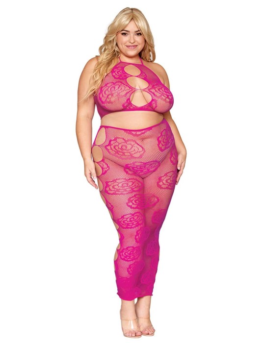 Ensemble Soutien-gorge et jupe longue en filet rose, grande taille - DG0485XBEE
