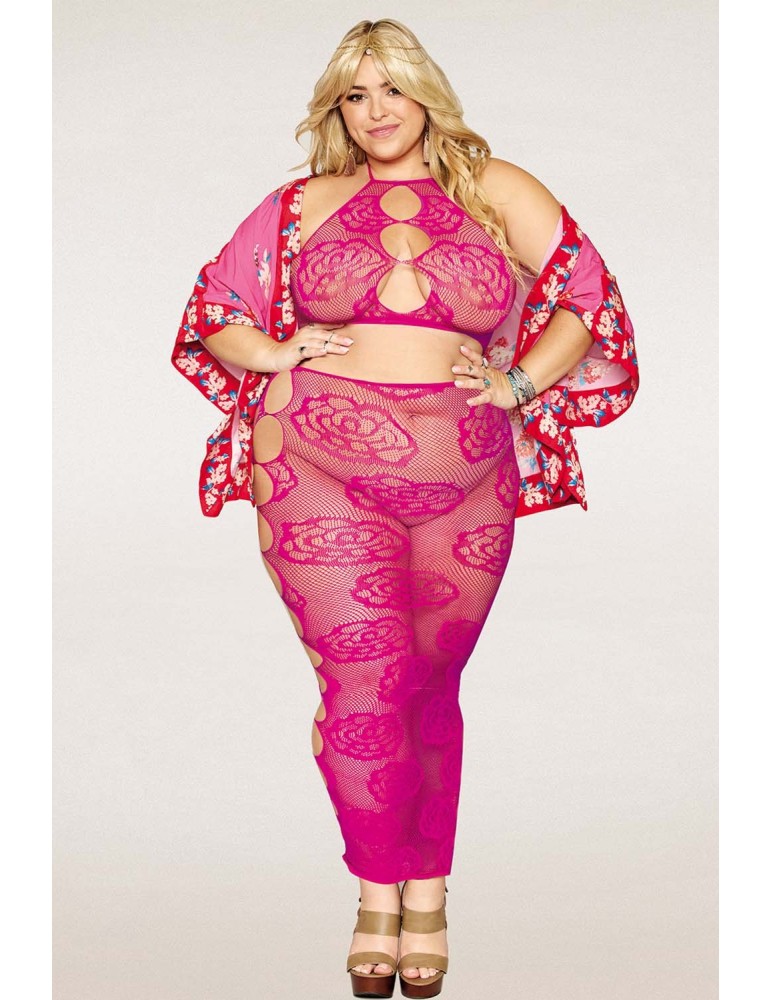 Ensemble Soutien-gorge et jupe longue en filet rose, grande taille - DG0485XBEE