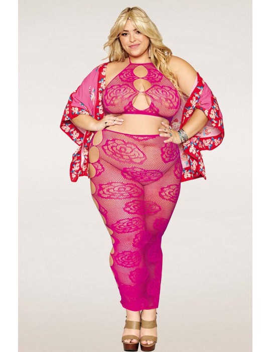 Ensemble Soutien-gorge et jupe longue en filet rose, grande taille - DG0485XBEE