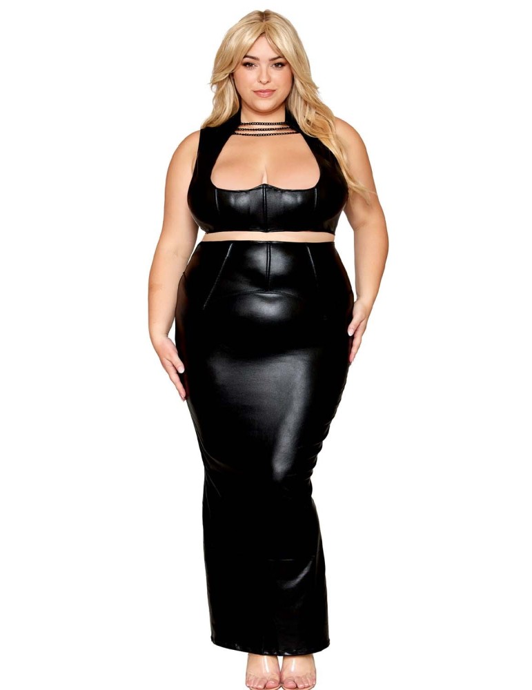 Ensemble Soutien-gorge et jupe longue, grande taille, noir en simili cuir - DG13198XBLK Ensemble Soutien-gorge et jupe longue, grande taille, noir en simili cuir - DG13198XBLK