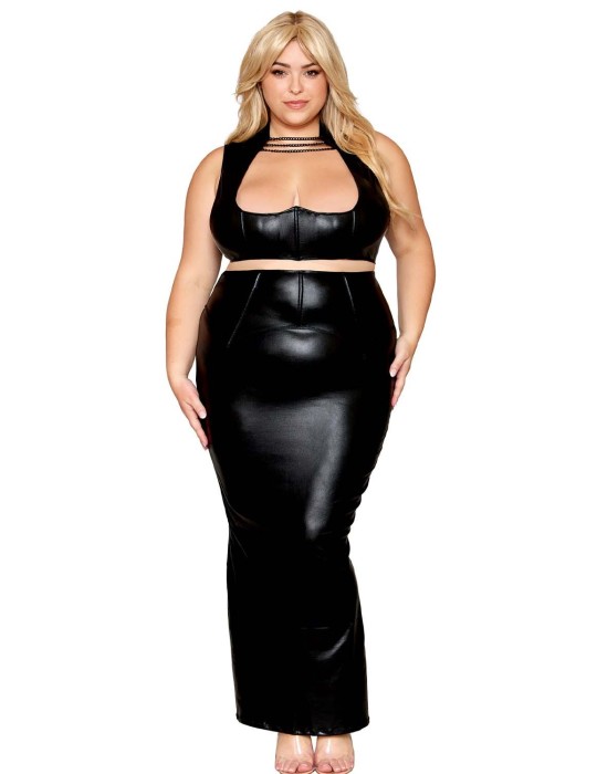 Ensemble Soutien-gorge et jupe longue, grande taille, noir en simili cuir - DG13198XBLK Ensemble Soutien-gorge et jupe longue, grande taille, noir en simili cuir - DG13198XBLK