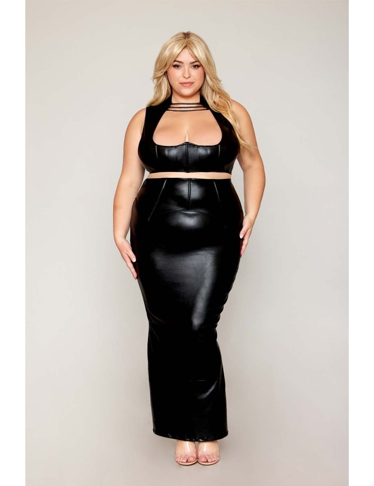 Ensemble Soutien-gorge et jupe longue, grande taille, noir en simili cuir - DG13198XBLK
