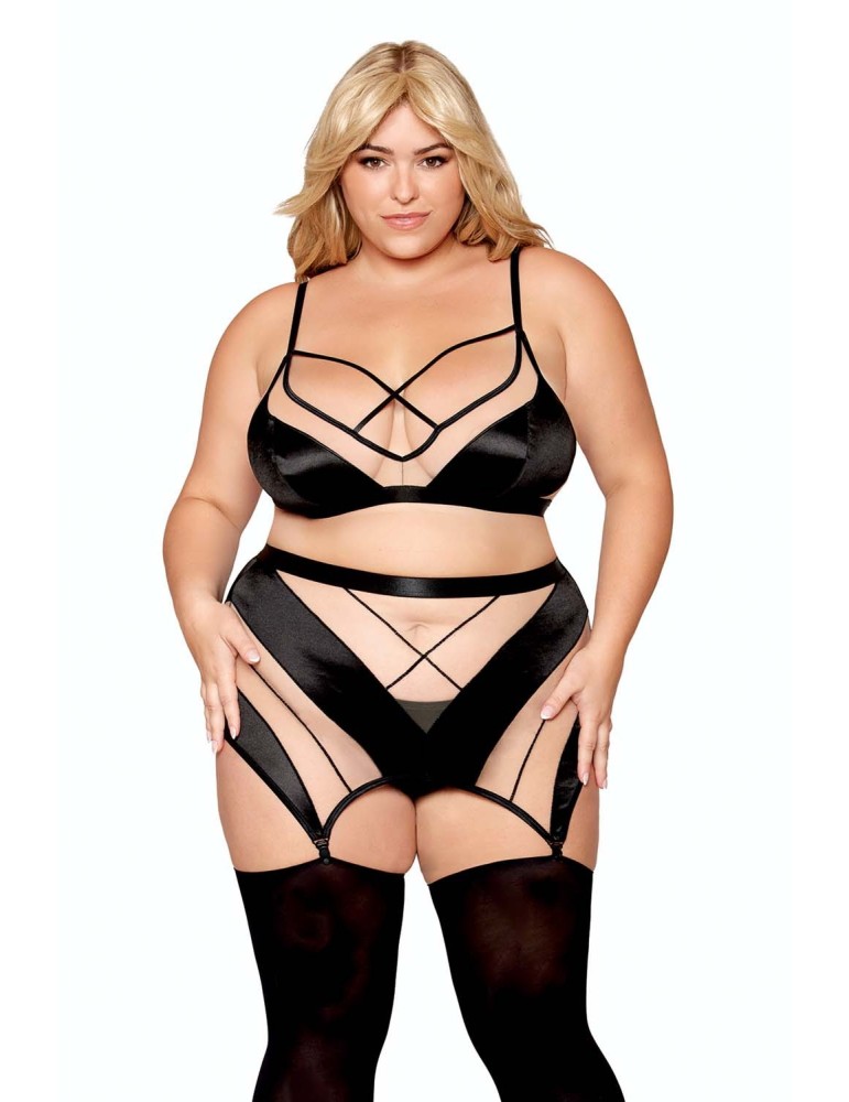 Ensemble grande taille avec Soutien-gorge, jupe porte-jarretelles, string  - DG13377XBLK Ensemble grande taille avec Soutien-gorge, jupe porte-jarretelles, string  - DG13377XBLK