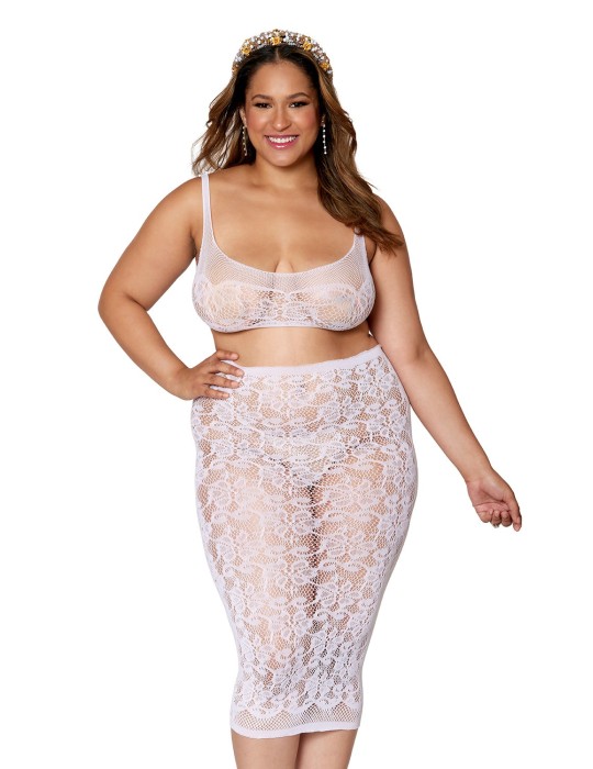 Ensemble 2 pièces grande taille, brassière résille fantaisie et jupe longue assorti - DG12921XWHT Ensemble 2 pièces grande taille, brassière résille fantaisie et jupe longue assorti - DG12921XWHT