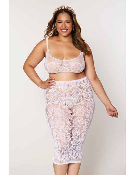 Ensemble 2 pièces grande taille, brassière résille fantaisie et jupe longue assorti - DG12921XWHT