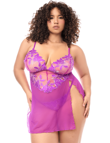 Babydoll grande taille en résille brodée florale et string - MAL7614XAZAL