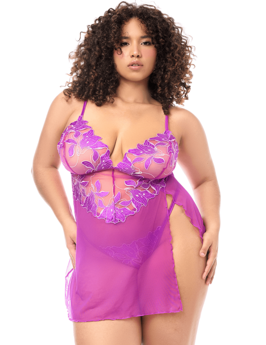 Babydoll grande taille en résille brodée florale et string - MAL7614XAZAL Babydoll grande taille en résille brodée florale et string - MAL7614XAZAL