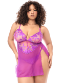 Babydoll grande taille en résille brodée florale et string - MAL7614XAZAL