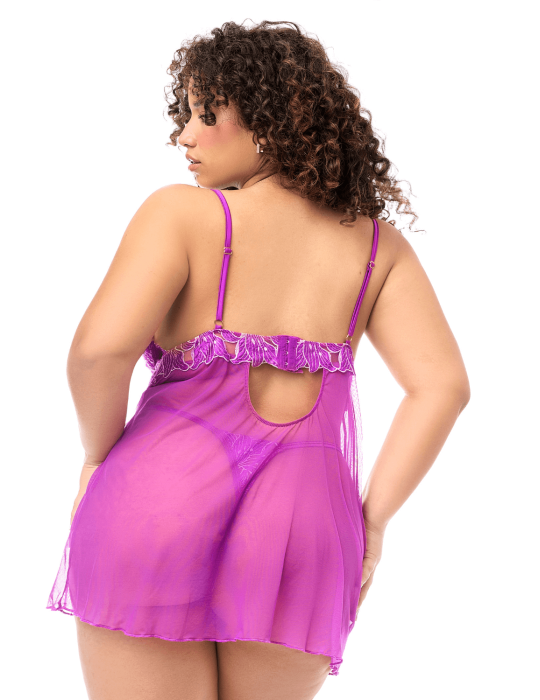 Babydoll grande taille en résille brodée florale et string - MAL7614XAZAL