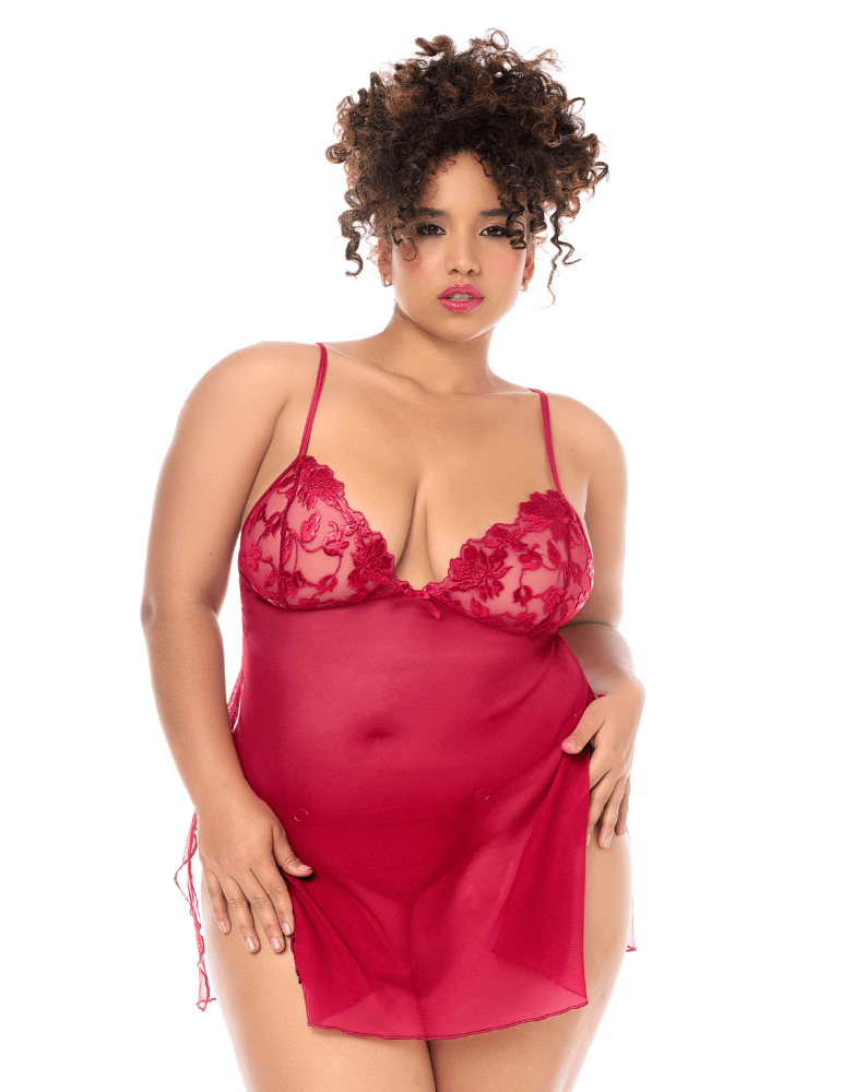 Babydoll grande taille Mapalé brodée avec string - MAL7620XRED Babydoll grande taille Mapalé brodée avec string - MAL7620XRED