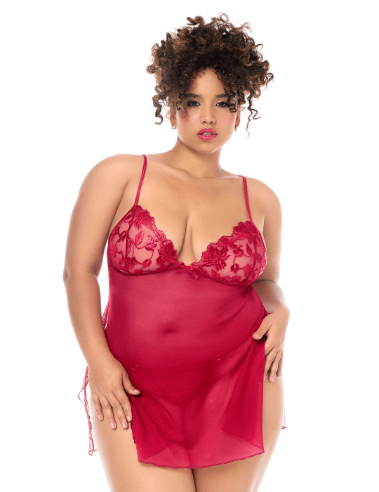 Babydoll grande taille Mapalé brodée avec string - MAL7620XRED Babydoll grande taille Mapalé brodée avec string - MAL7620XRED