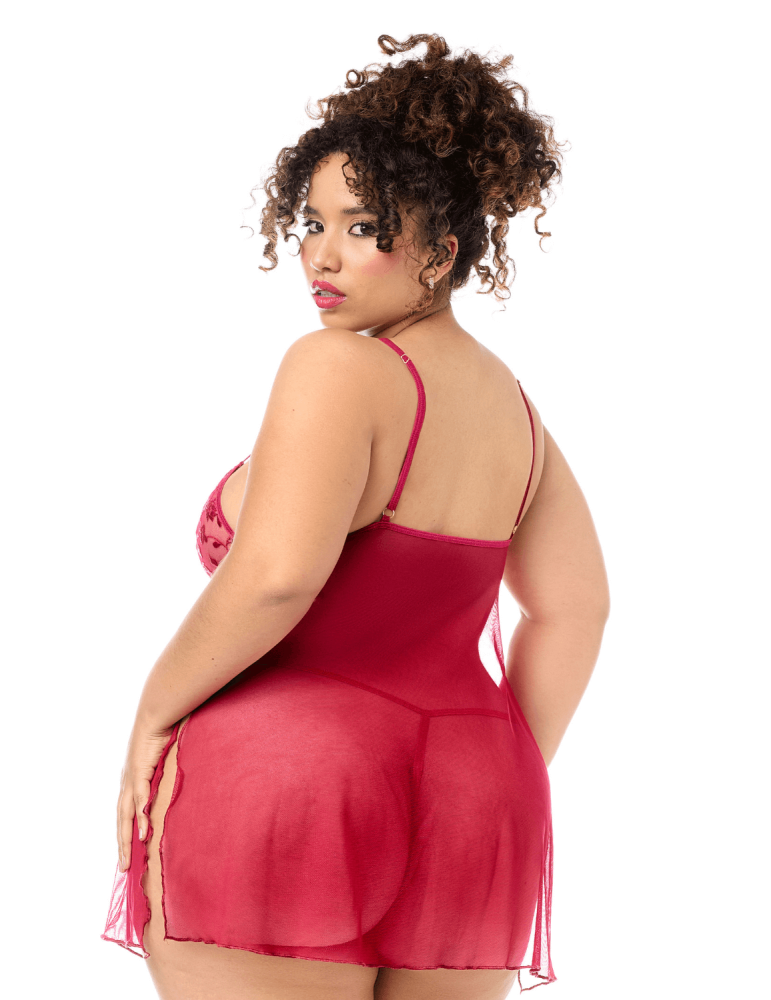 Babydoll grande taille Mapalé brodée avec string - MAL7620XRED