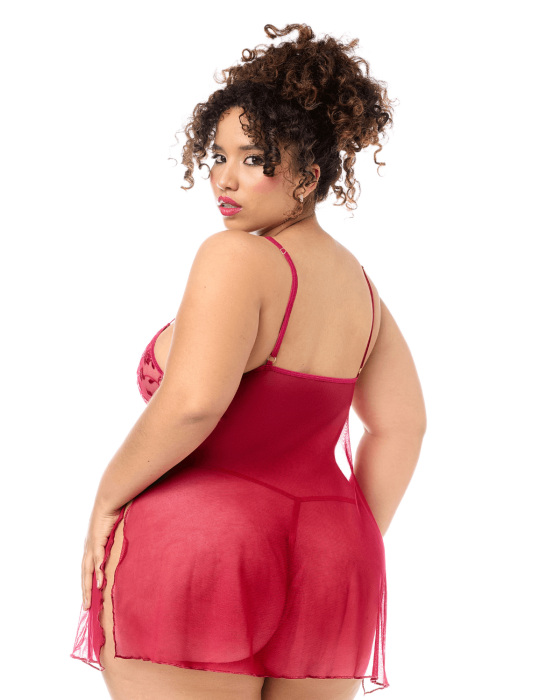 Babydoll grande taille Mapalé brodée avec string - MAL7620XRED