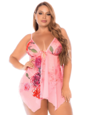 Nuisette grande taille résille rose imprimé floral et string - MAL7607XBLPD