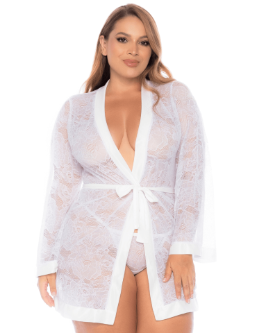 Peignoir grande taille en dentelle blanche - MAL7611XWHT