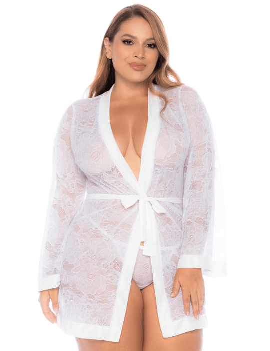 Peignoir grande taille en dentelle blanche - MAL7611XWHT Peignoir grande taille en dentelle blanche - MAL7611XWHT