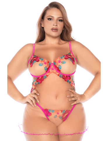 Nuisette grande taille en résille et dentelle florale rose et string assorti - MAL7609XSEGA 2