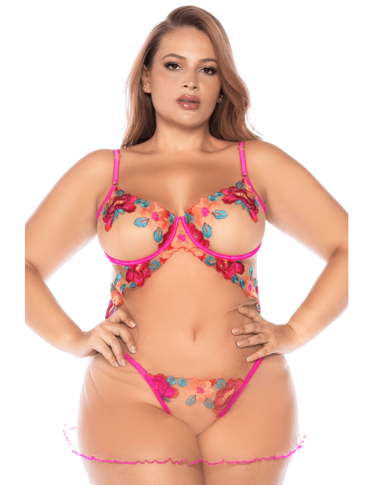 Nuisette grande taille en résille et dentelle florale rose et string assorti - MAL7609XSEGA