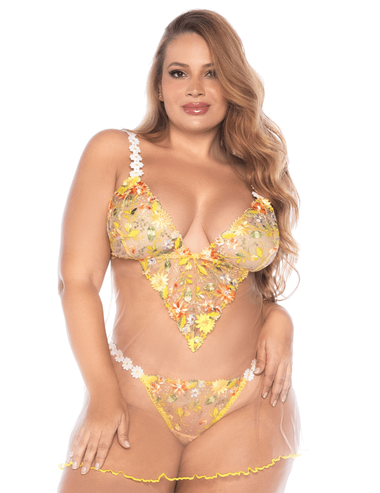 Nuisette grande taille transparente brodée jaune et string - MAL7608XSUBS Nuisette grande taille transparente brodée jaune et string - MAL7608XSUBS