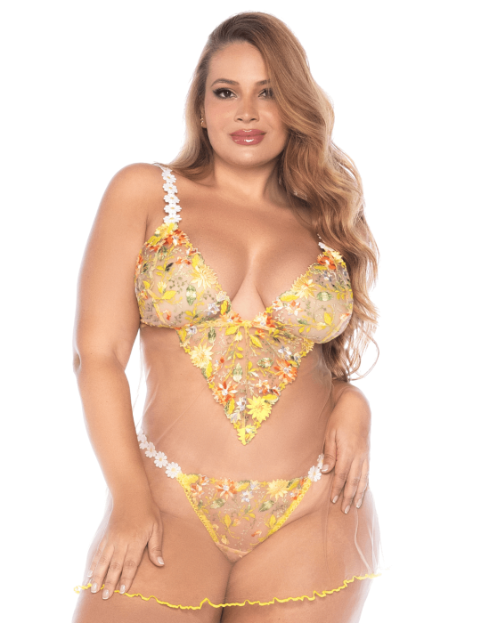 Nuisette grande taille transparente brodée jaune et string - MAL7608XSUBS Nuisette grande taille transparente brodée jaune et string - MAL7608XSUBS