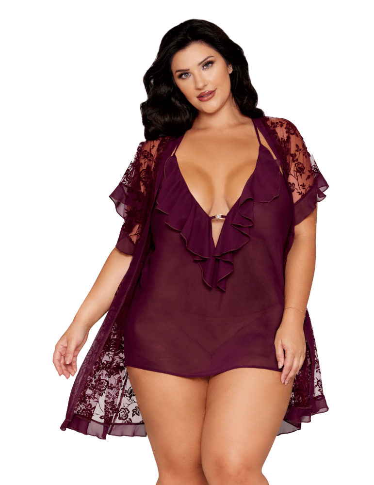 Nuisette et peignoir grande taille couleur aubergine - DG13666XCHE