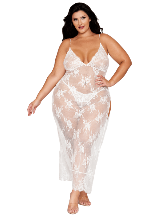 Nuisette longue blanche grande taille en dentelle florale, string assorti - DG13667XWHT Nuisette longue blanche grande taille en dentelle florale, string assorti - DG13667XWHT