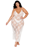 Nuisette longue blanche grande taille en dentelle florale, string assorti - DG13667XWHT