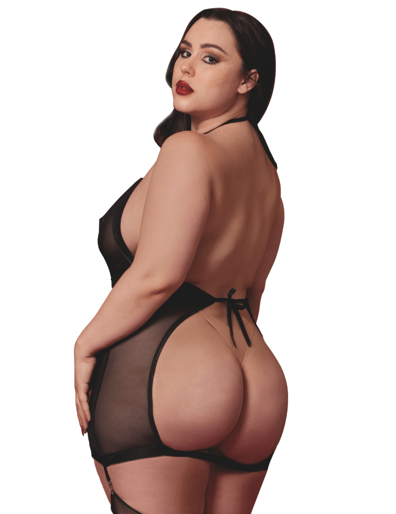 Nuisette grande taille avec porte jarretelles et fouet - DG13704XBLK