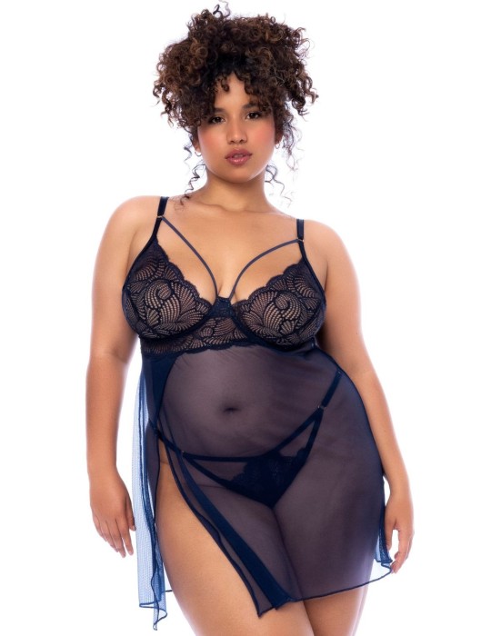 Nuisette grande taille bleu nuit et string - MAL7555XMNBL Nuisette grande taille bleu nuit et string - MAL7555XMNBL
